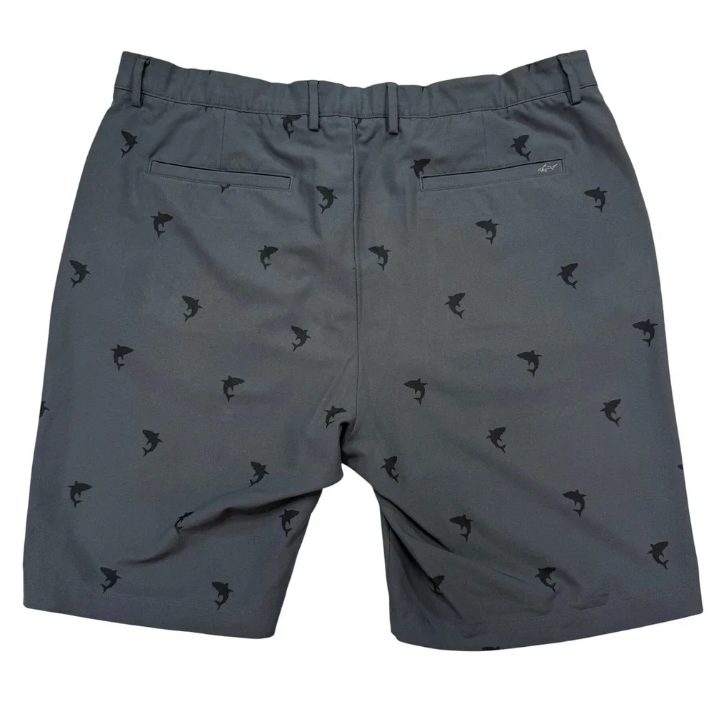 Greg Norman Golf Shorts Mens 38 Grey Excellent Shark Print Performance Stretch